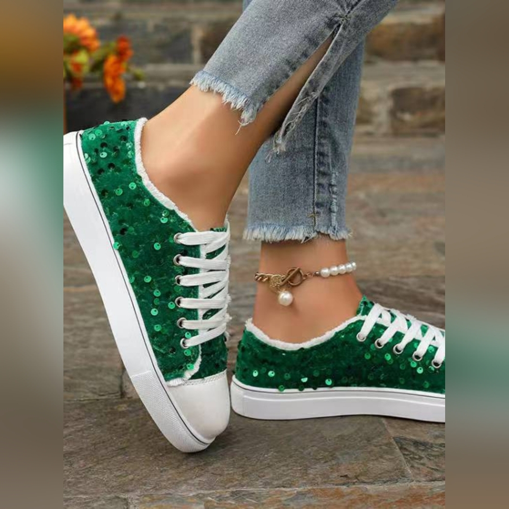 BLACK FRIDAY SALE!! 🎁 Green Women's Sequin Round Toe Flat Sneakers